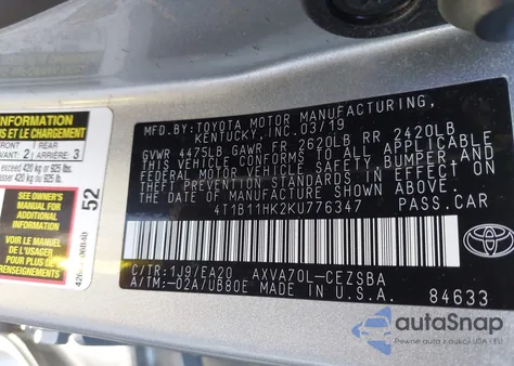 2019 Toyota Camry L/Le/Se/Xle from USA, damaged, VIN 4T1B11HK2K4776347